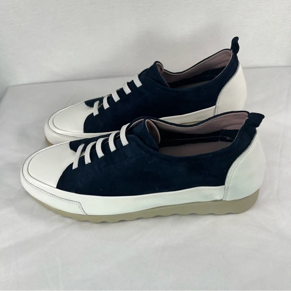 THE FLEXX Women's Navy Suede White Leather Slip On Sneakers Preppy Minimalist